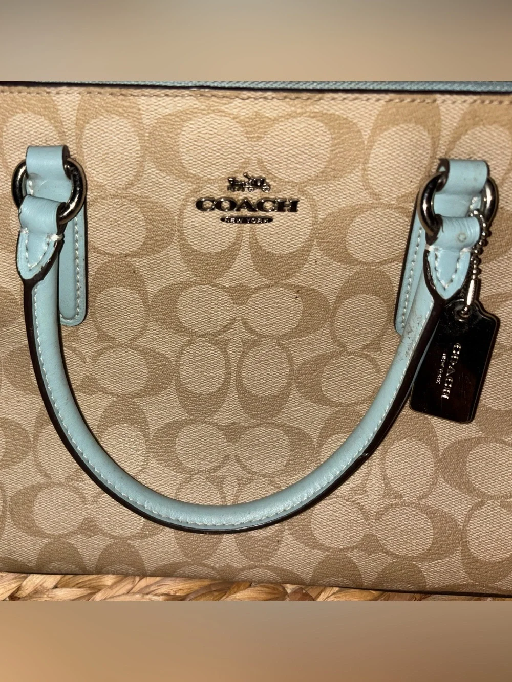 Coach Beige Signature Satchel with Light Blue Trim
